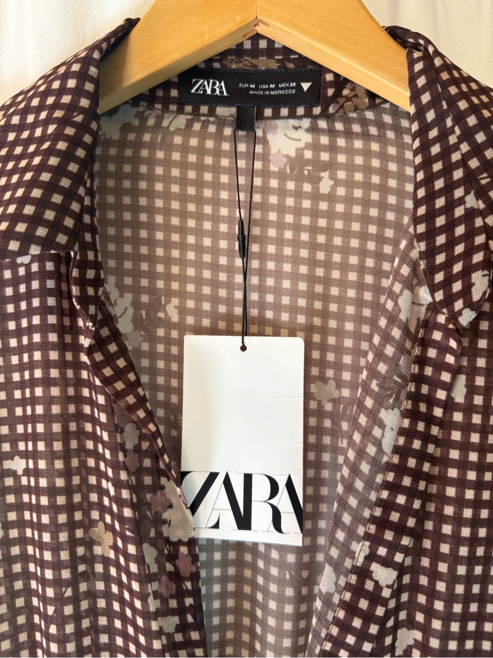 🤎🌼Zara Printed Gingham & Floral Chiffon Shirt Mini Dress – NWT🤎🌼